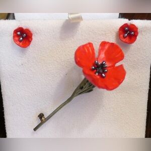 Red Poppy Michael Michaud Brooch Pin and Earrings Set